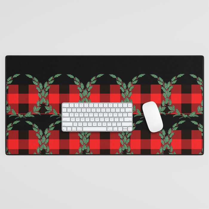 Winter Christmas Holly Berry Wreath And Red Buffalo Plaid Desk Mat