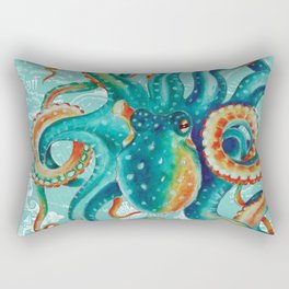 Teal Octopus On Light Teal Vintage Map Rectangular Pillow