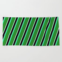 [ Thumbnail: Colorful Green, Forest Green, Light Cyan, Black & Grey Colored Lined Pattern Beach Towel ]