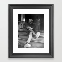 Funny Einstein in Fuzzy Slippers Classic Black and White Satirical Photography - Photographs Framed Art Print