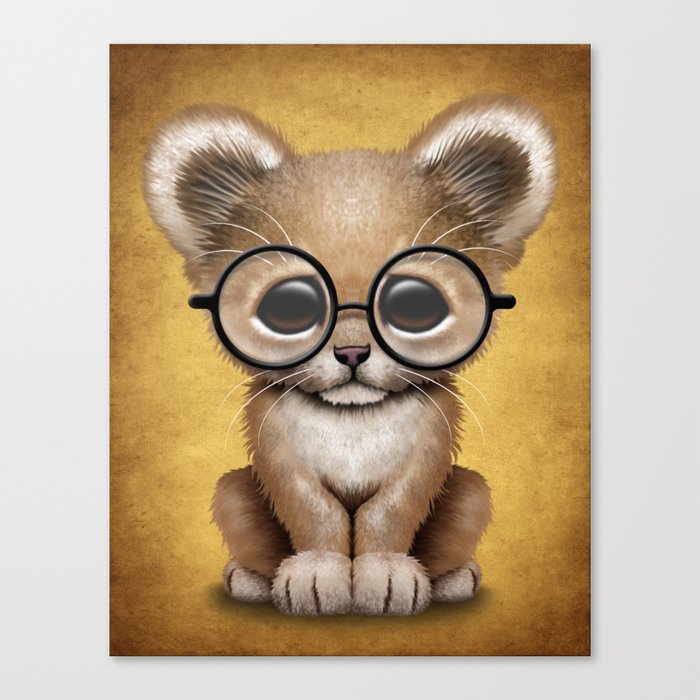 Cute Baby Lion Cub Wearing Glasses On Yellow Canvas Print By