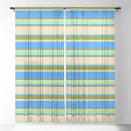 [ Thumbnail: Tan, Light Green, Blue, and Green Colored Lined/Striped Pattern Sheer Curtain ]