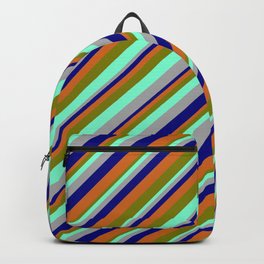 [ Thumbnail: Eyecatching Dark Grey, Blue, Chocolate, Green, and Aquamarine Colored Striped Pattern Backpack ]