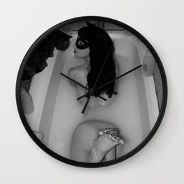 A girl and her cat lapping it up in milk; apartment bathtub nude portrait black and white photograph - photography - photographs Wall Clock