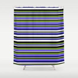[ Thumbnail: Eye-catching Black, Green, Medium Slate Blue, Midnight Blue, and White Colored Stripes/Lines Pattern Shower Curtain ]