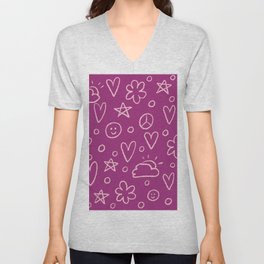 Girly Whiteboard Doodles - Plum Purple, Light Pink V Neck T Shirt