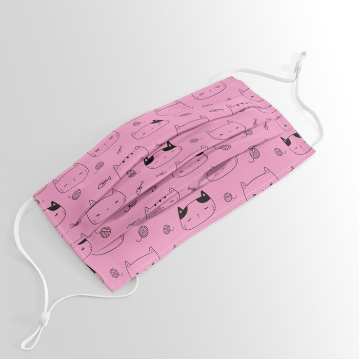 Pink and Black Doodle Kitten Faces Pattern Face Mask