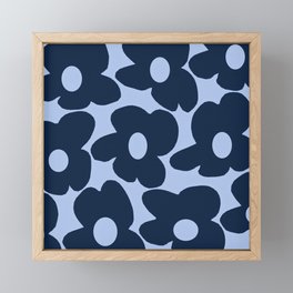 Large Dark Blue Retro Flowers Baby Blue Background #decor #society6 #buyart Framed Mini Art Print