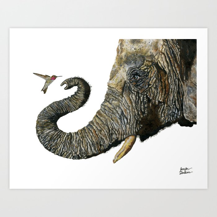 Elephant Cyril And Hummingbird Ayre 2 Art Print