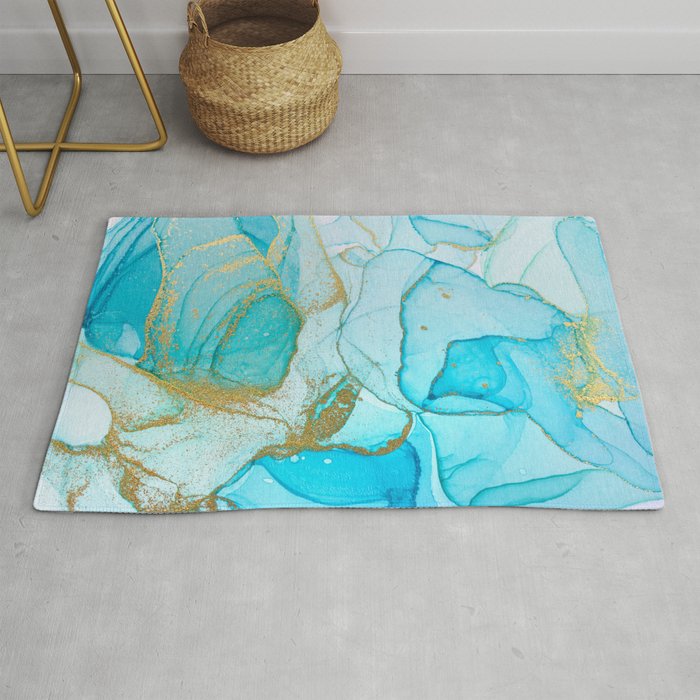 Shiny Gold Abstract Ocean Blue Watercolor Background Rug