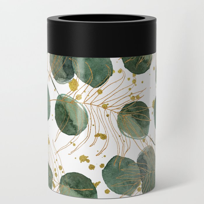 Abstract gold glitter green watercolor eucalyptus leaf Can Cooler