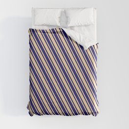 [ Thumbnail: Tan & Midnight Blue Colored Lines/Stripes Pattern Duvet Cover ]