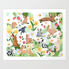 Rabbits and Strawberries Art Print
