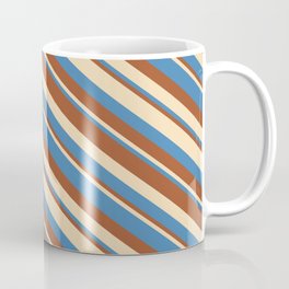 [ Thumbnail: Tan, Blue & Sienna Colored Stripes/Lines Pattern Coffee Mug ]
