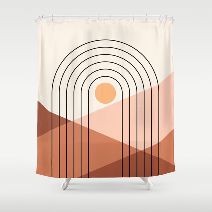Geometric Lines in Beige and Terracotta 5 (Rainbow Sun Mountain) Shower Curtain