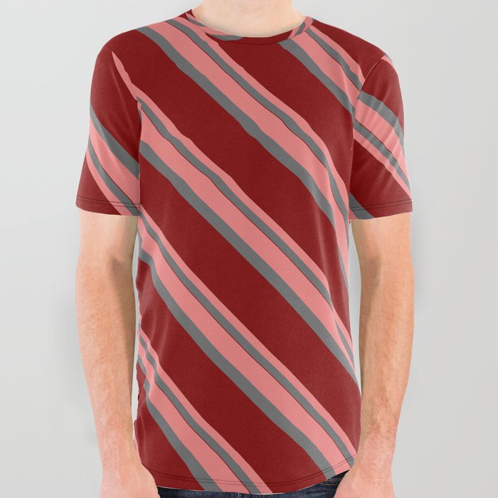 Light Coral, Dim Grey & Maroon Colored Pattern of Stripes All Over Graphic Tee