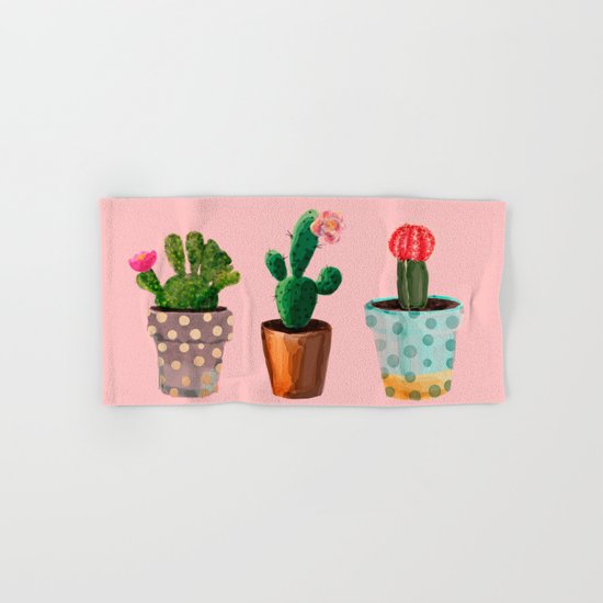 Three Cacti With Flowers On Pink Background Hand & Bath Towel