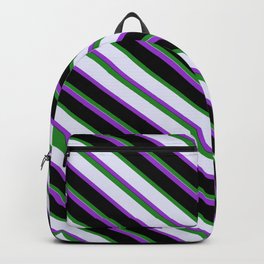 [ Thumbnail: Forest Green, Lavender, Dark Orchid, and Black Colored Striped Pattern Backpack ]