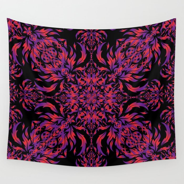 Seamless ornament. Modern geometric seamless pattern with red and purple repeating elements on a black background.  Wall Tapestry