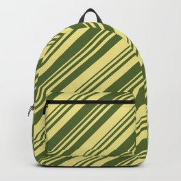 [ Thumbnail: Dark Olive Green & Tan Colored Lined/Striped Pattern Backpack ]