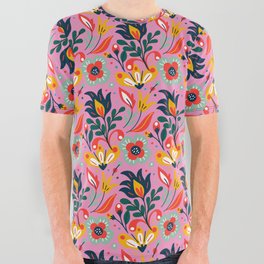 Colorful Floral Pattern On Pink Background All Over Graphic Tee