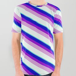 [ Thumbnail: Blue, Dark Violet, Plum, Mint Cream & Turquoise Colored Stripes/Lines Pattern All Over Graphic Tee ]