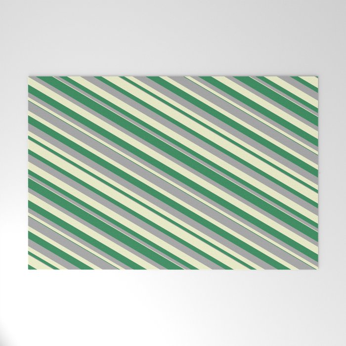 Sea Green, Dark Grey & Light Yellow Colored Lines/Stripes Pattern Welcome Mat