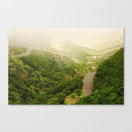 Winding road through bushy hills in Tenerife | Moody atmosphere with low clouds Canvas Print