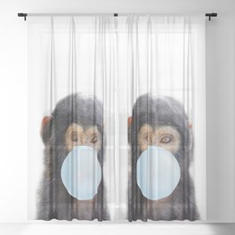 Baby Monkey Blowing Blue Bubble Gum, Baby Boy, Kids, Baby Animals Art Print by Synplus Sheer Curtain