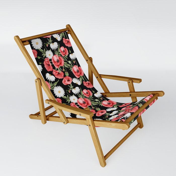 Daisy and Poppy Seamless Pattern on Black Background Sling Chair