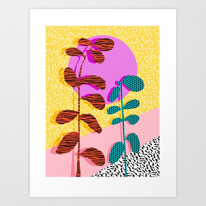 Homefry - floral neon memphis dots grid pink sunset sunrise 1980 1980s 1980's 80s 80's throwback art Art Print