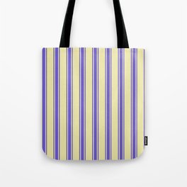 [ Thumbnail: Pale Goldenrod and Slate Blue Colored Striped/Lined Pattern Tote Bag ]