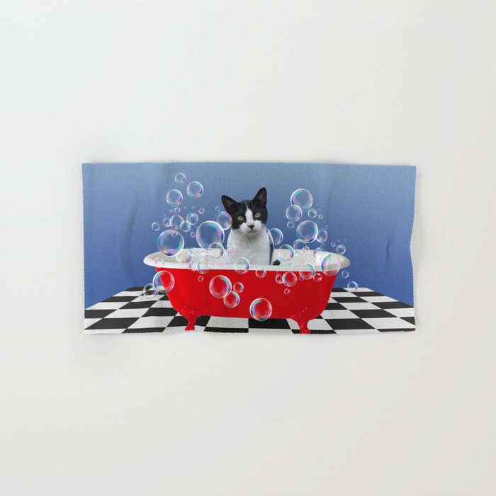 Black & white Cat red Bathtub - Soap Bubbles Hand & Bath Towel