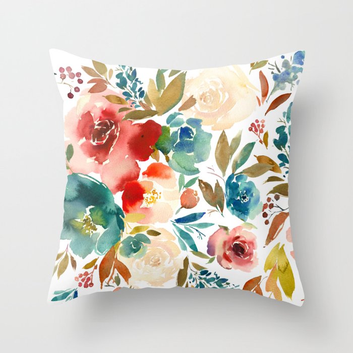 Red Turquoise Teal Floral Watercolor Throw Pillow