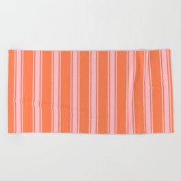 [ Thumbnail: Coral and Pink Colored Pattern of Stripes Beach Towel ]