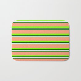 [ Thumbnail: Colorful Lavender, Forest Green, Light Salmon, Chartreuse, and Dark Green Colored Lined Pattern Bath Mat ]
