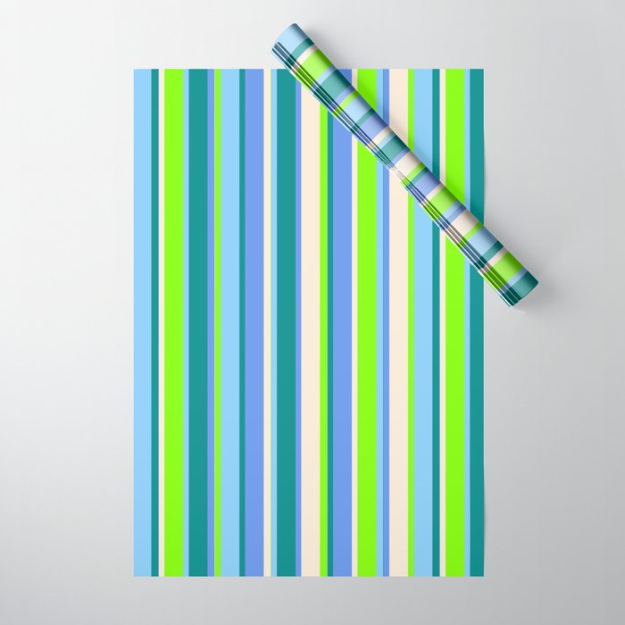 Eye-catching Chartreuse, Light Sky Blue, Dark Cyan, Cornflower Blue, and Beige Colored Lines Pattern Wrapping Paper