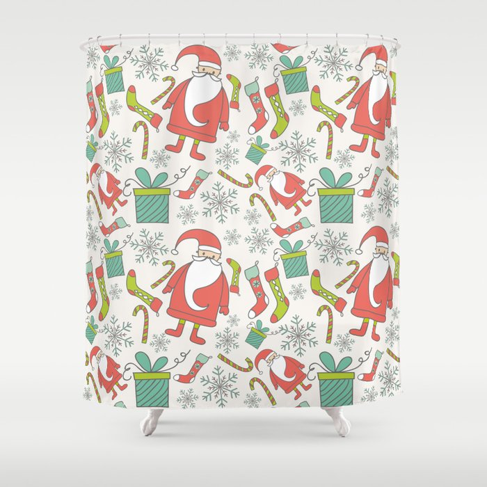 Santa Pattern with Stockings, Christmas Gifts, and Winter Snowflakes Shower Curtain