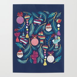 Mexican Christmas Tree // blue background blue pine leaves multicoloured holiday decorations pan dulce balls cacti hearts birds pom-pom garland pinatas santa claus conchas donuts Poster