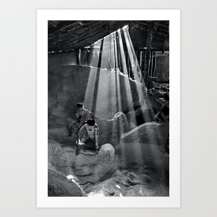 The dreams of tomorrow; Chattogram, Bangladesh rays of sunlight with men digging black and white photograph - photography - photographs Art Print