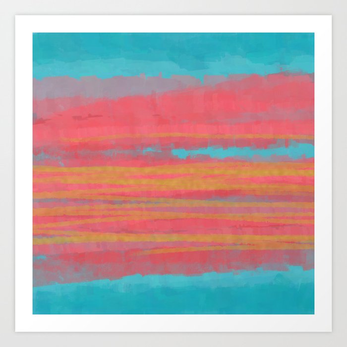 Modern Minimal Abstract Painting in Turquoise and Pink Coral Colors with Gold Texture Art Print