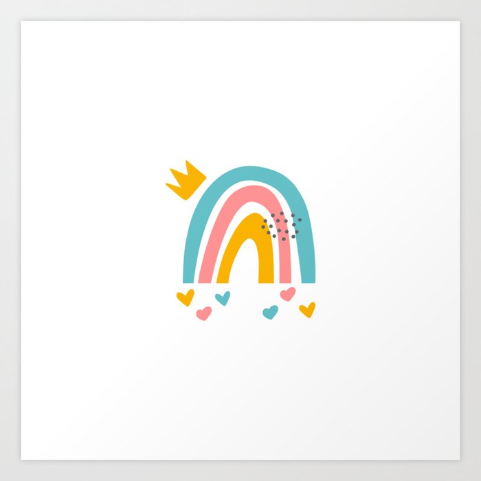 Blue Orange Pink Rainbow Polka Dots Hearts Crown Doodles Shape Simple Minimal Graphic Design Art Print