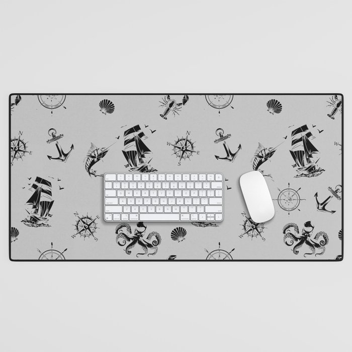 Light Grey And Black Silhouettes Of Vintage Nautical Pattern Desk Mat