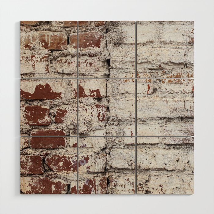 Old painted brick wall with peeling white paint Wood Wall Art