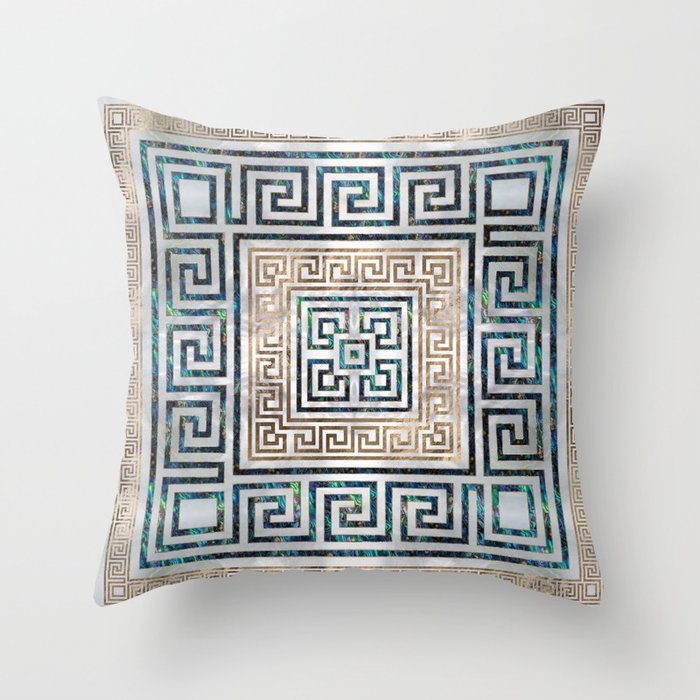 Greek Key Ornament - Greek Meander -Abalone and gold Throw Pillow