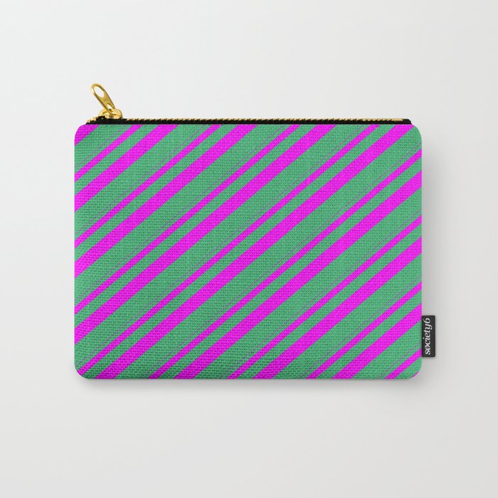 Fuchsia and Sea Green Colored Stripes/Lines Pattern Carry-All Pouch