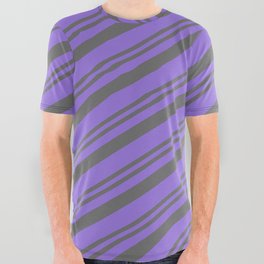 [ Thumbnail: Dim Grey and Purple Colored Pattern of Stripes All Over Graphic Tee ]