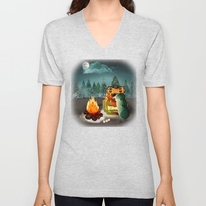 Camping Forest Night Adventure V Neck T Shirt