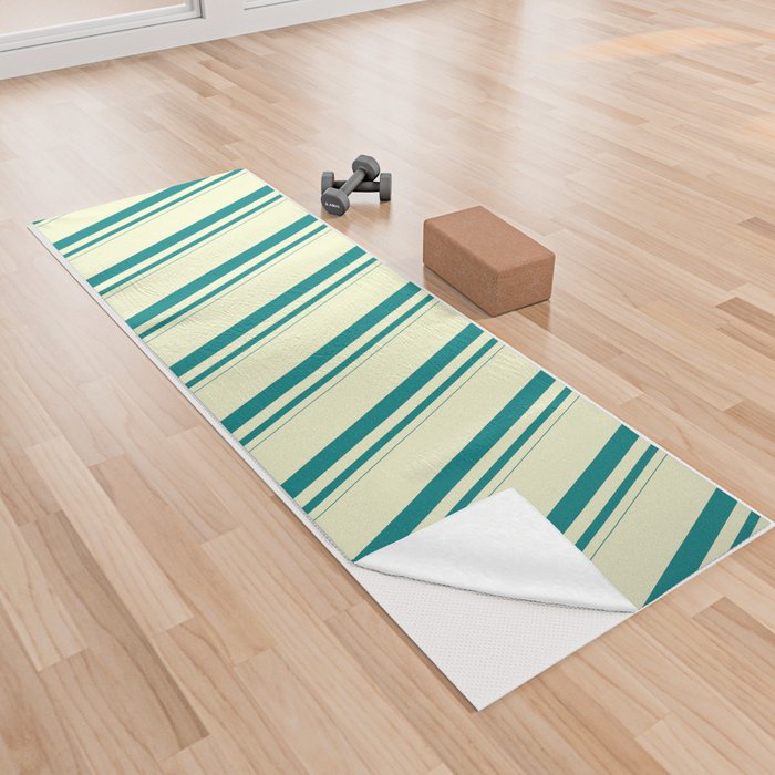 Teal and Light Yellow Colored Striped/Lined Pattern Yoga Towel
