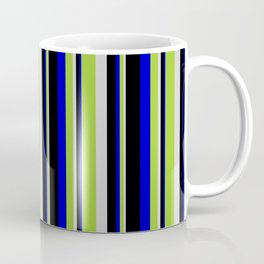 [ Thumbnail: Light Grey, Green, Blue & Black Colored Lined Pattern Coffee Mug ]
